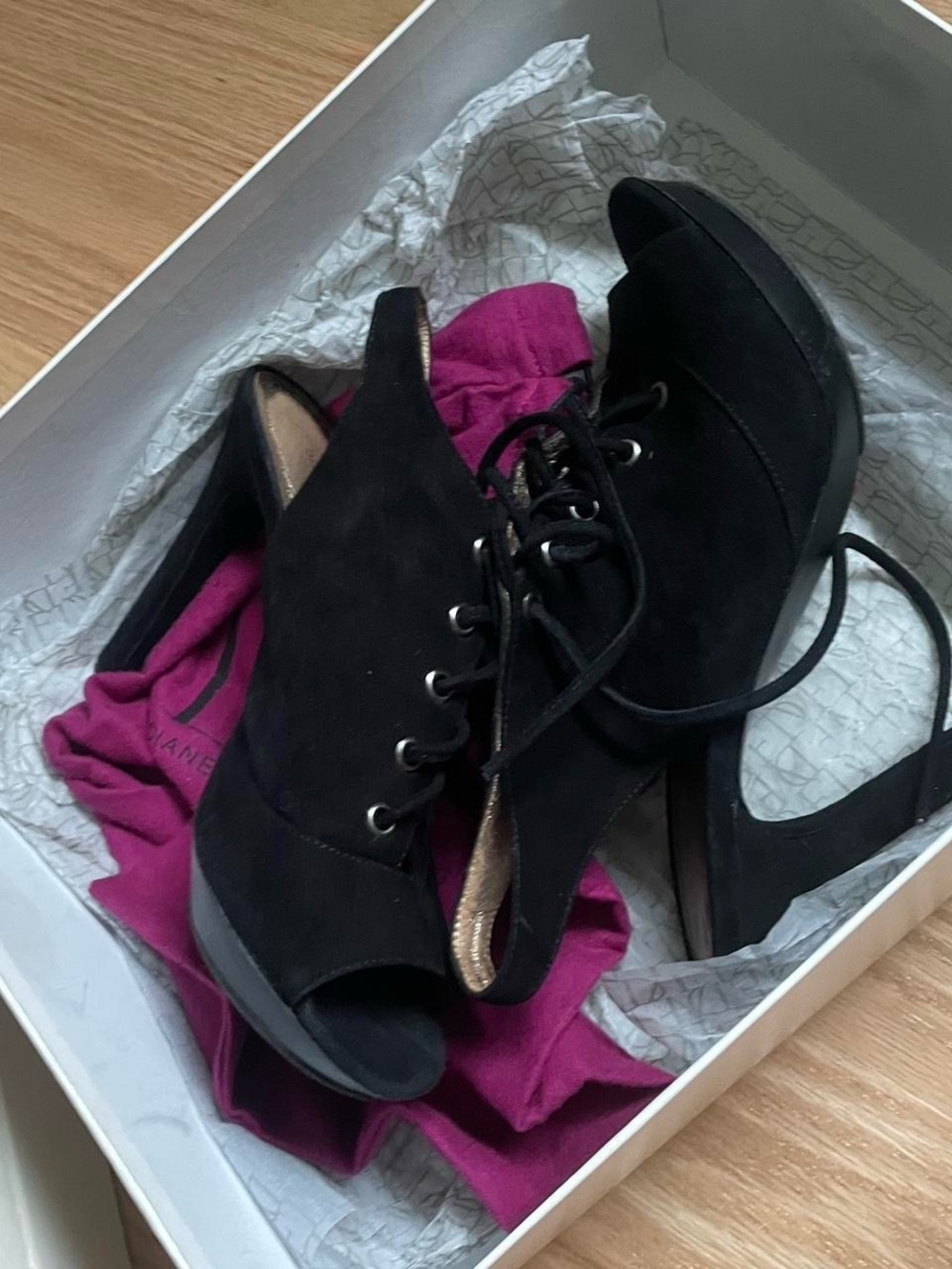 Diane von Furstenberg Y2K Black Suede Lace-Up Slingback Heels